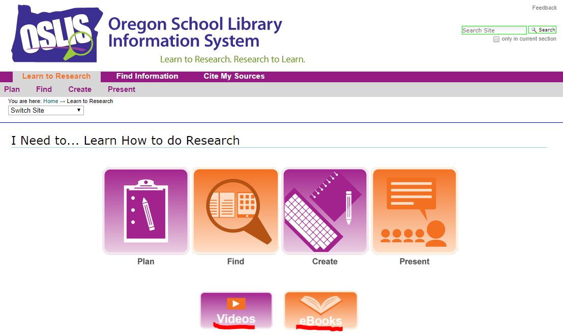 Screenshot of Elementary Learn to Research Landing Page