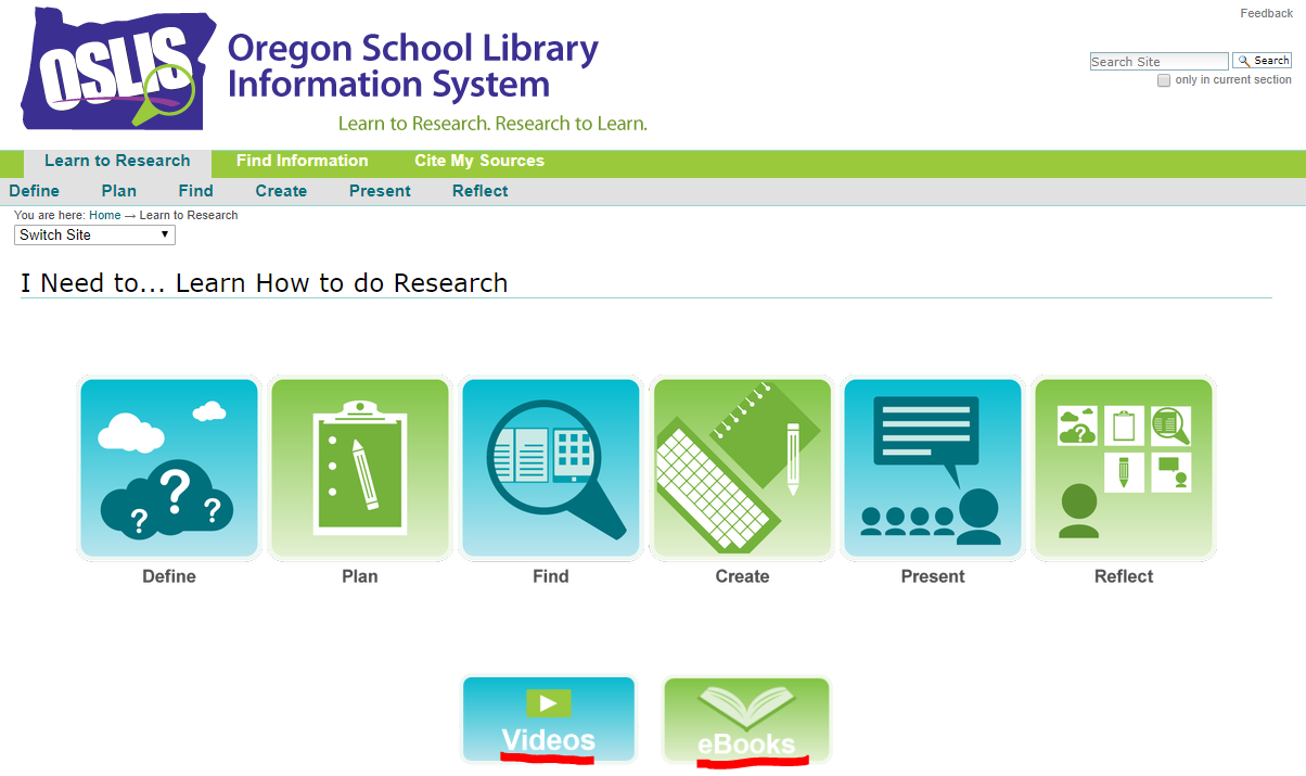 Screenshot of Secondary Learn to Research Landing Page