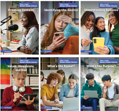 Shows the covers of the 6 titles from the Modern Media Literacy series