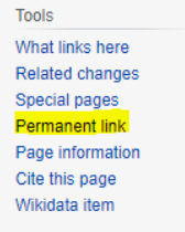 This screenshot shows the Wikipedia Tools menu with the text Permanent Link highlighted.